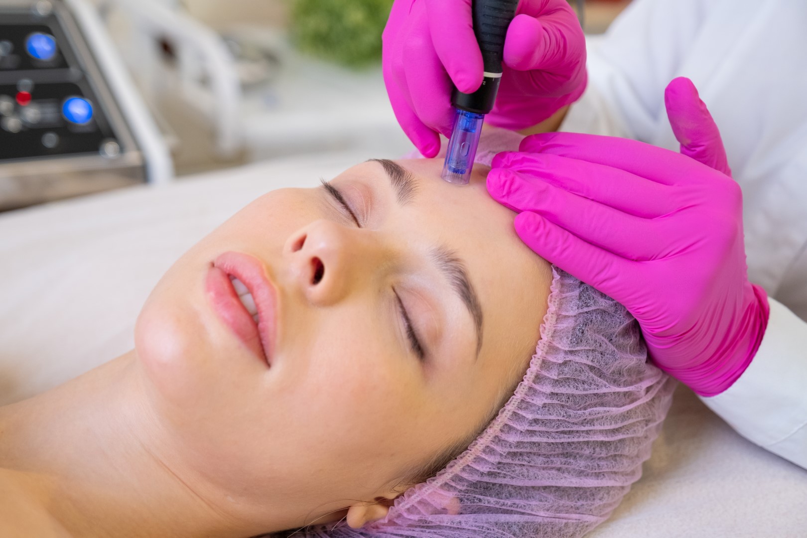 woman receives microneedling treatment