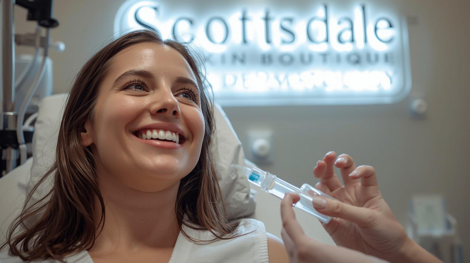 real photo of a happy hydrated person getting an IV with scottsdale skin boutique & dermatology sign in the back (1) Hydration for the Holidays: Feel Your Best This November!